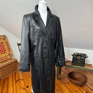 Full length maxi black leather coat contrast stitching by Venus Williams